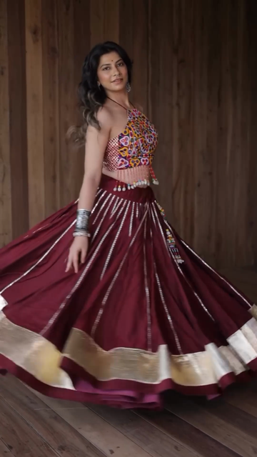 Embroidered Halter Crop Top and Maroon Skirt Set