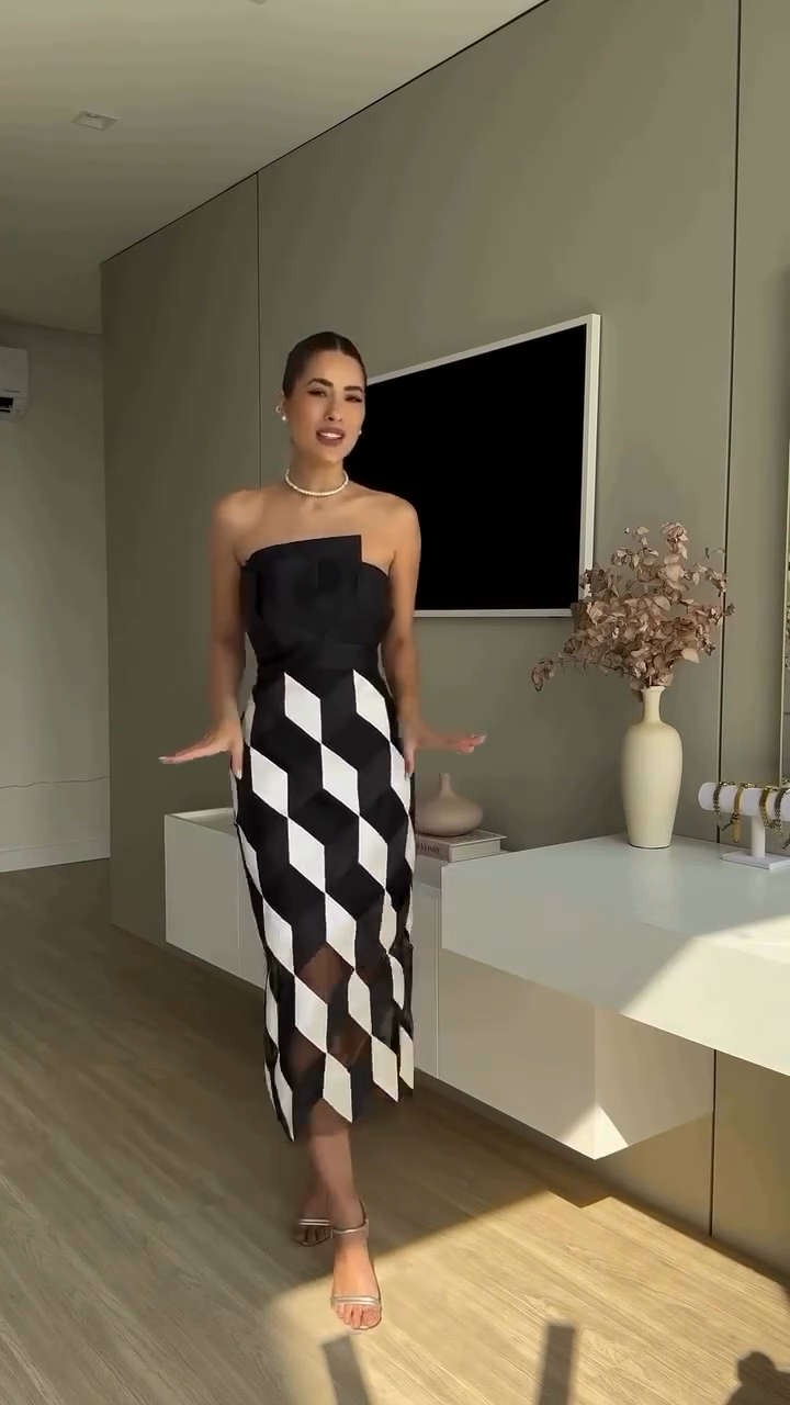 Black and White Strapless Midi Dress