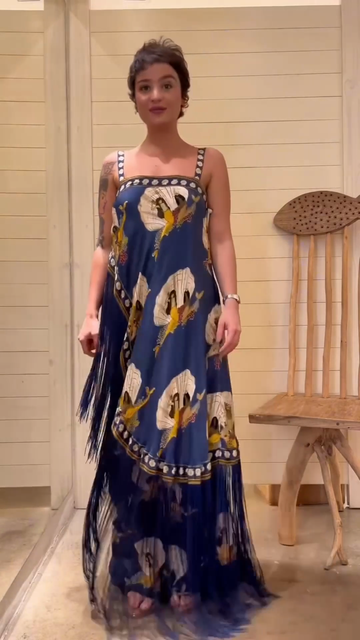 Blue Printed Fringe Maxi Dress