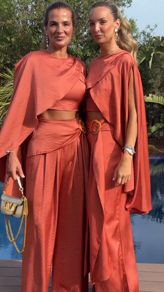 Rust - Colored Satin Set with Cape Sleeves