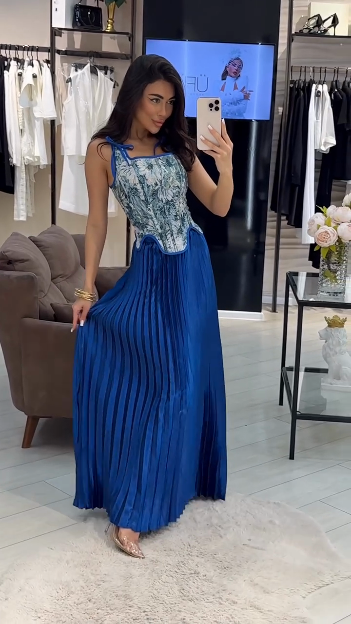 Floral - Embroidered Corset Top & Pleated Maxi Skirt Set