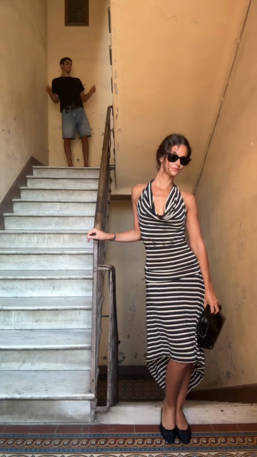 Black and White Striped Halter Dress