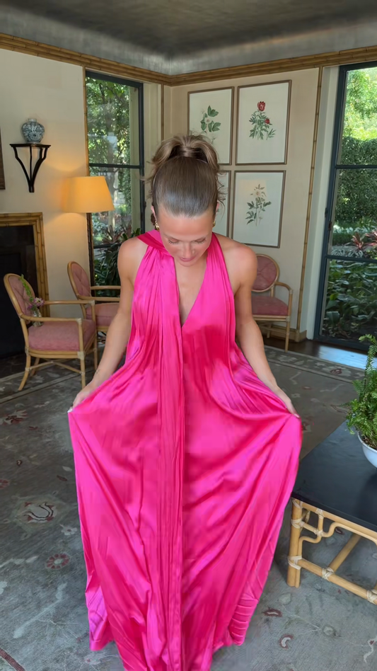 Hot Pink Halter - Neck Pleated Maxi Dress