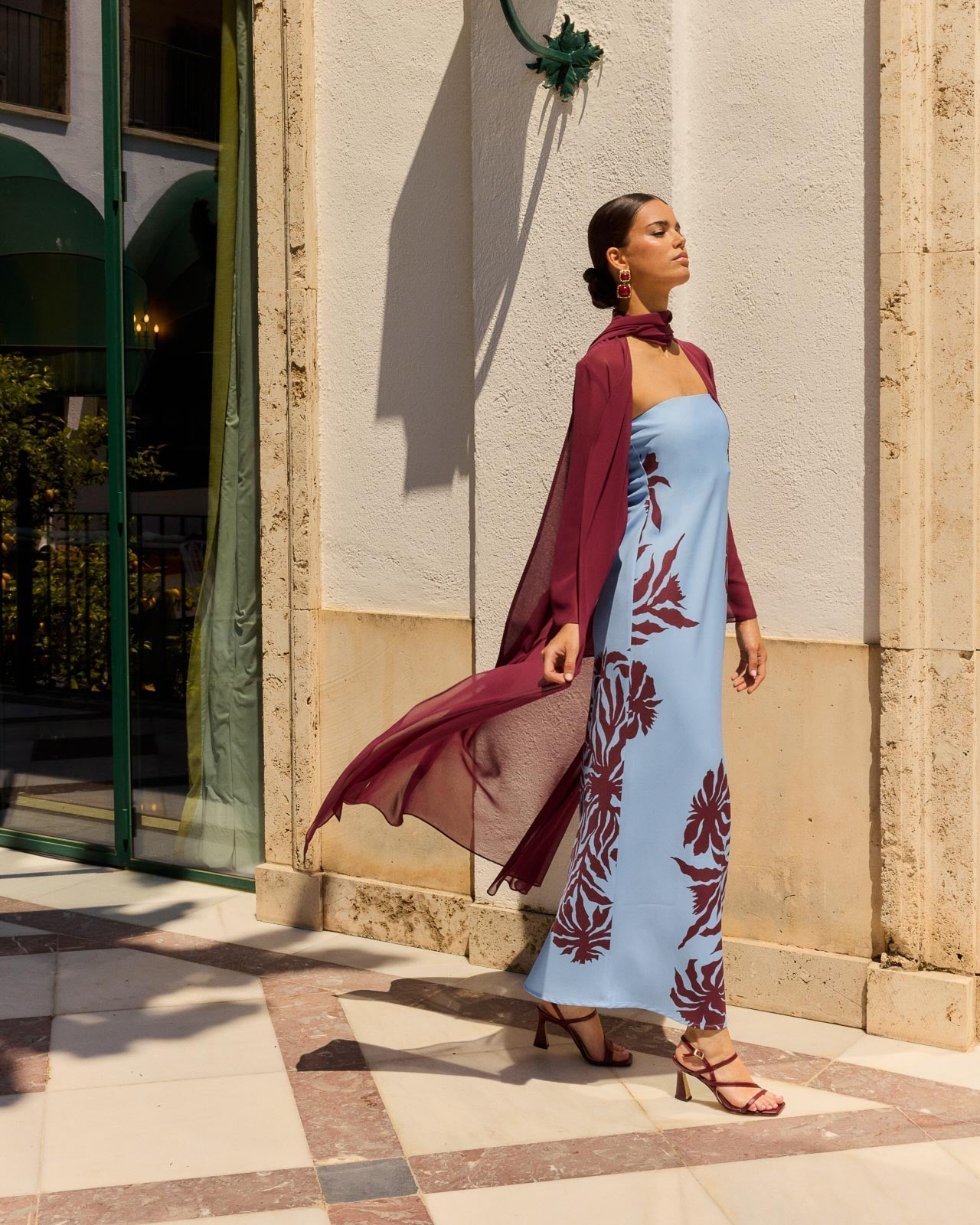 Blue Floral Print  Strapless Maxi Dress and Burgundy Robe Set