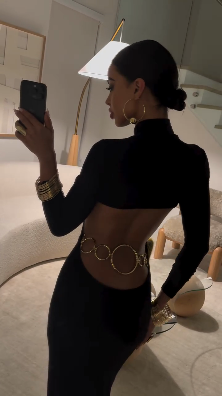 Gold Belt Black Backless Maxi Dress