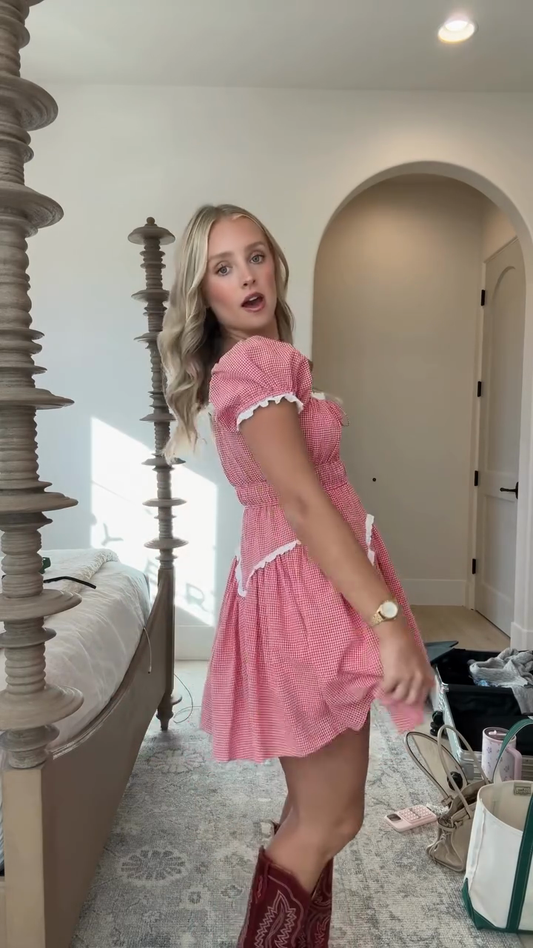Pink Gingham Square - Neck Mini Dress