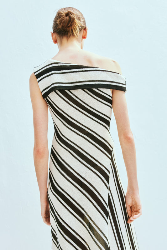 Black and White Striped One - Shoulder Midi Dress
