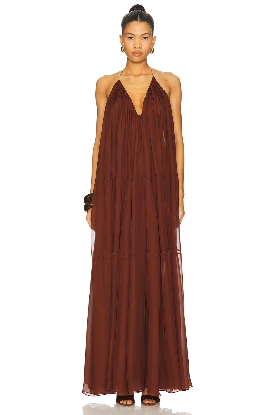 Burgundy Halter V - neck Chiffon Maxi Dress