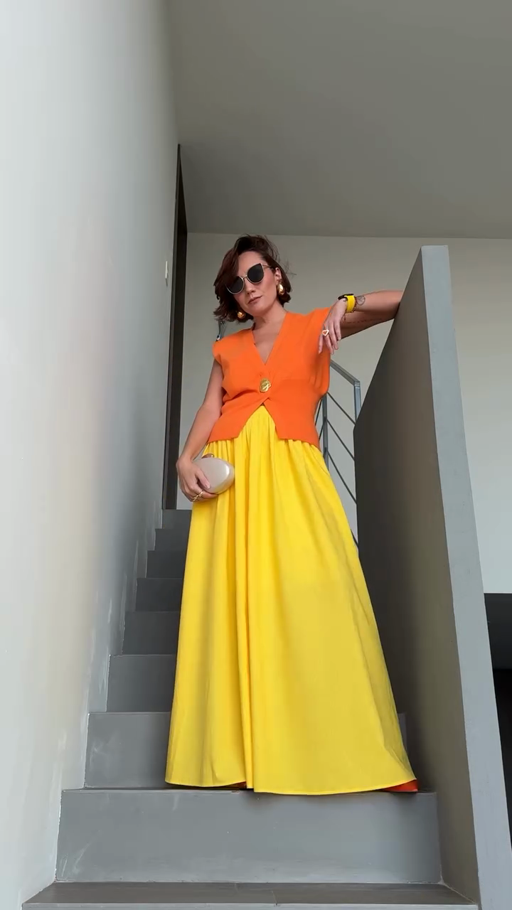 Orange Sleeveless Cardigan with Yellow Maxi Skirt Set