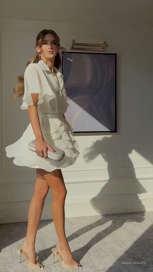 White Button - down Blouse with Ruffled Mini Skirt Set