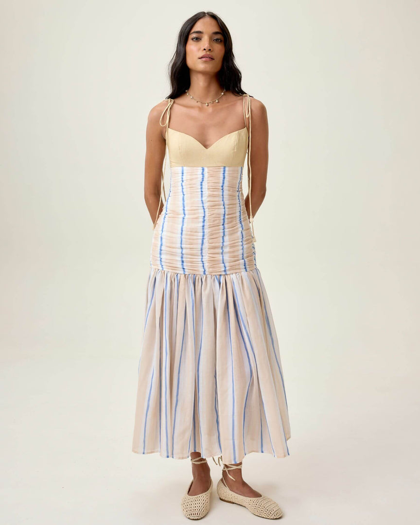 Beige and Blue Striped Midi Dress