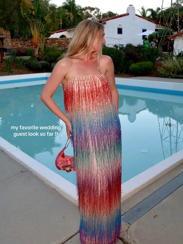 Rainbow Fringe Strapless Maxi Dress