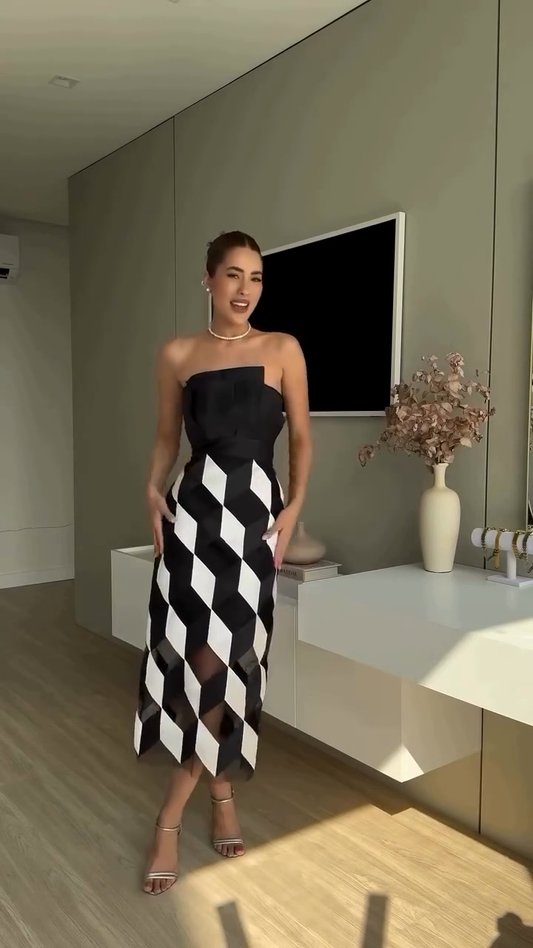 Black and White Strapless Midi Dress