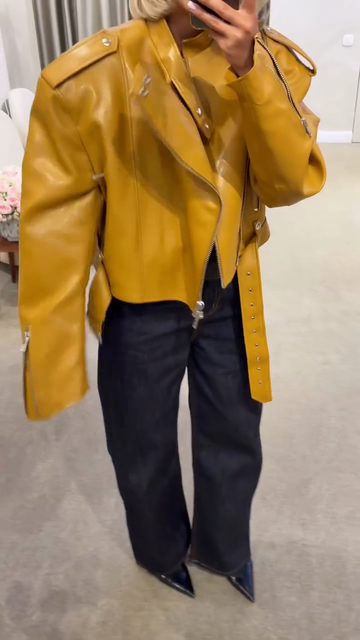 Mustard Yellow Leather Biker Jacket