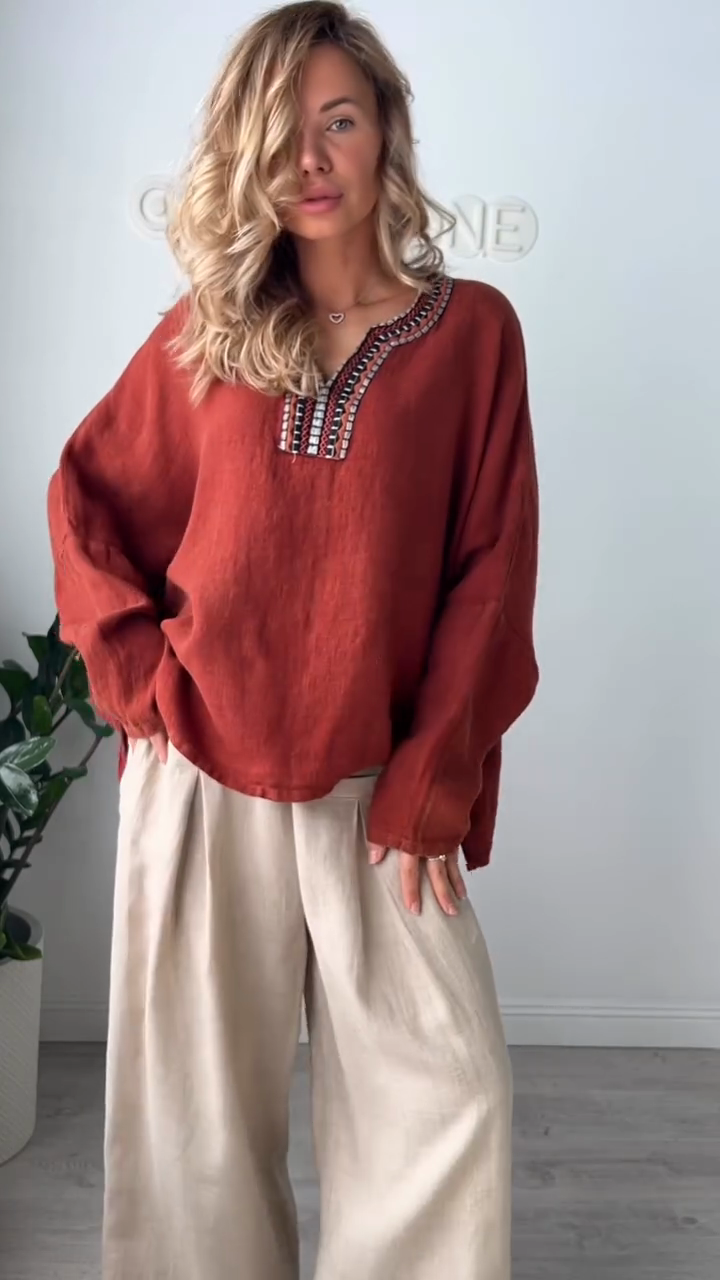 Rust - Colored Embroidered V - Neck Blouse