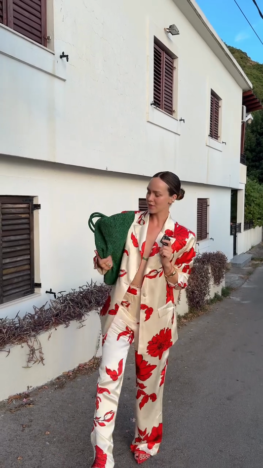 Cream Floral - Print Silk Suit Set