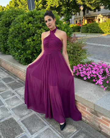 Plum Halter - Neck Chiffon Maxi Dress