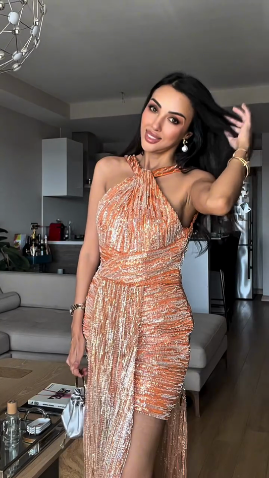 Orange Sequined Halter Mini Dress with Fringe Detail
