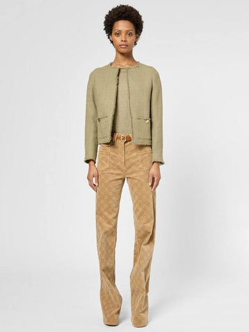 Olive Green Tweed Fringe Trim Jacket