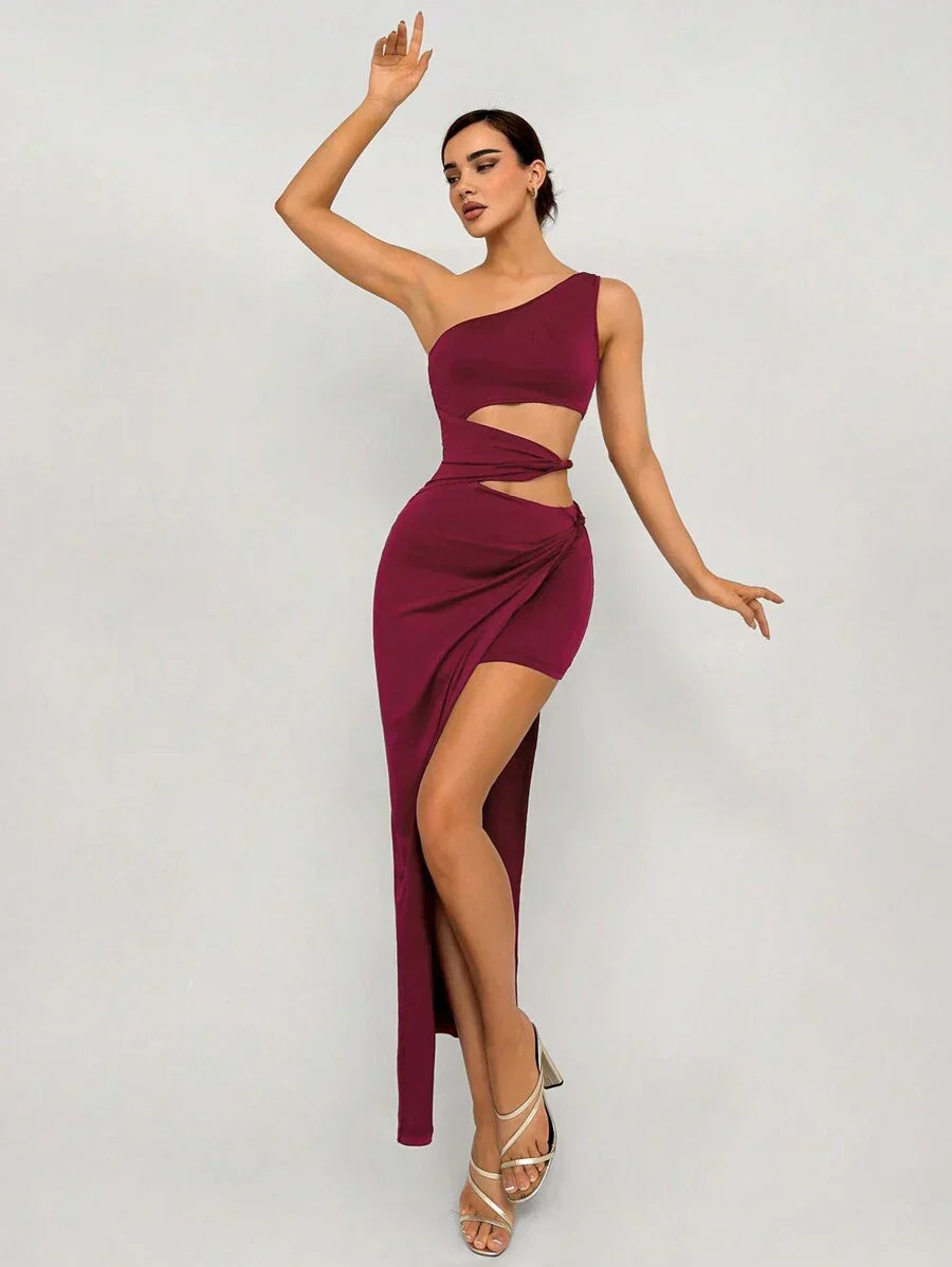 Burgundy One - Shoulder Cut - Out Maxi Dress
