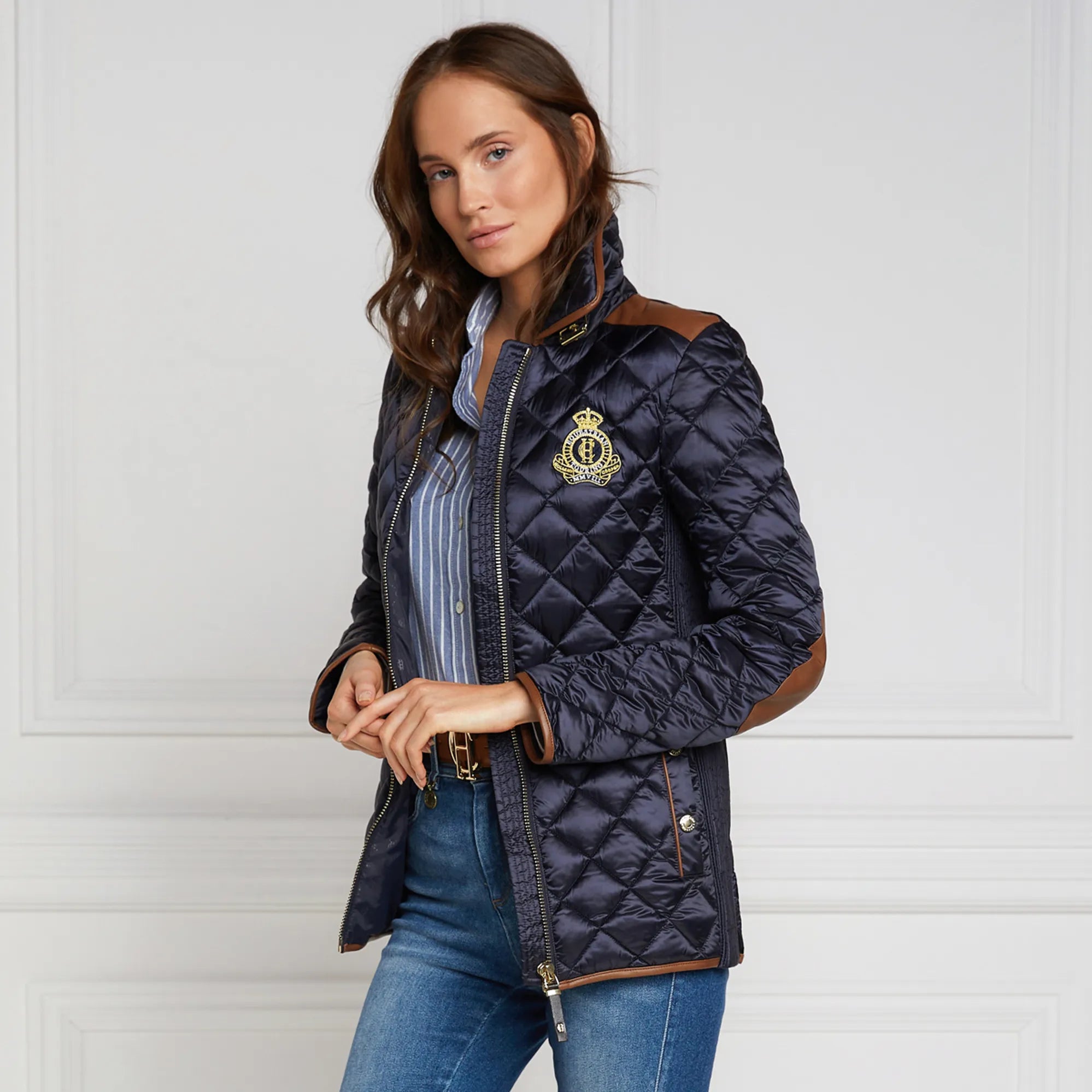 Navy Quilted Jacket with Emblem & Leather Trim