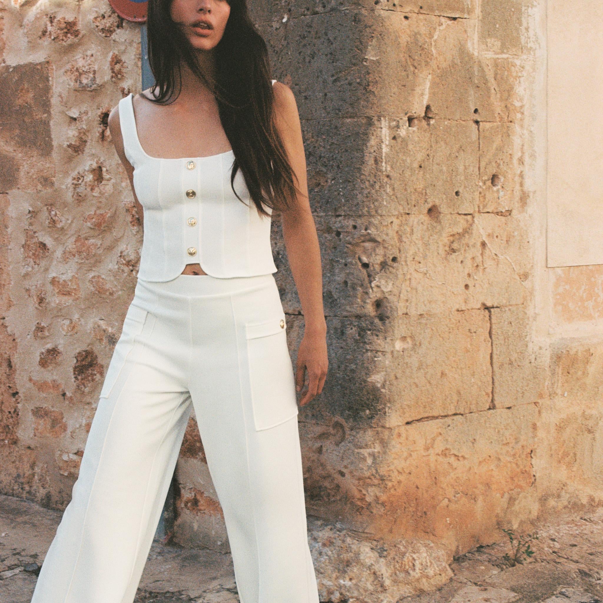 White Button - Front Crop Top & Wide - Leg Pants Set