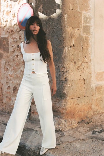 White Button - Front Crop Top & Wide - Leg Pants Set