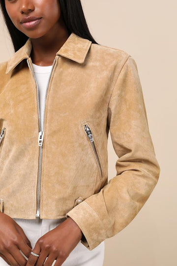 Beige Suede Cropped Jacket with Zipper Details