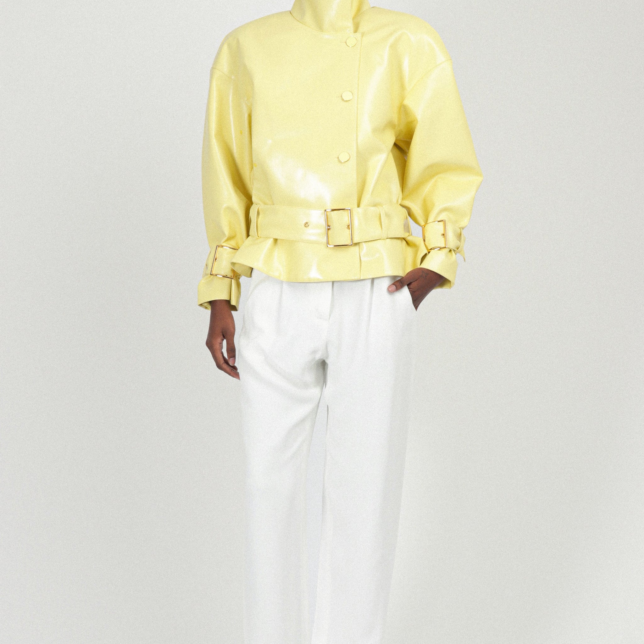 Yellow Patent Leather Belted Jacket
