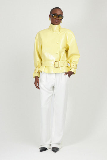 Yellow Patent Leather Belted Jacket