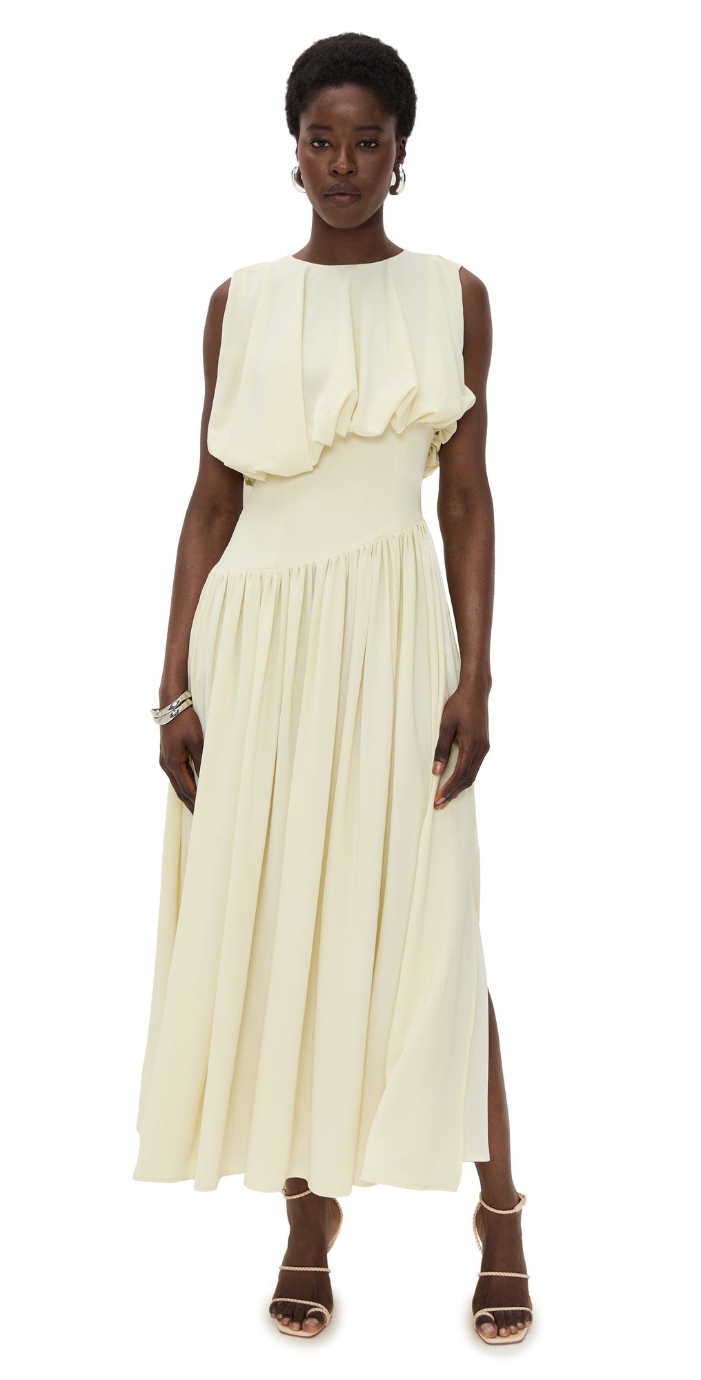 Pale Yellow Sleeveless Ruffled Maxi Dress