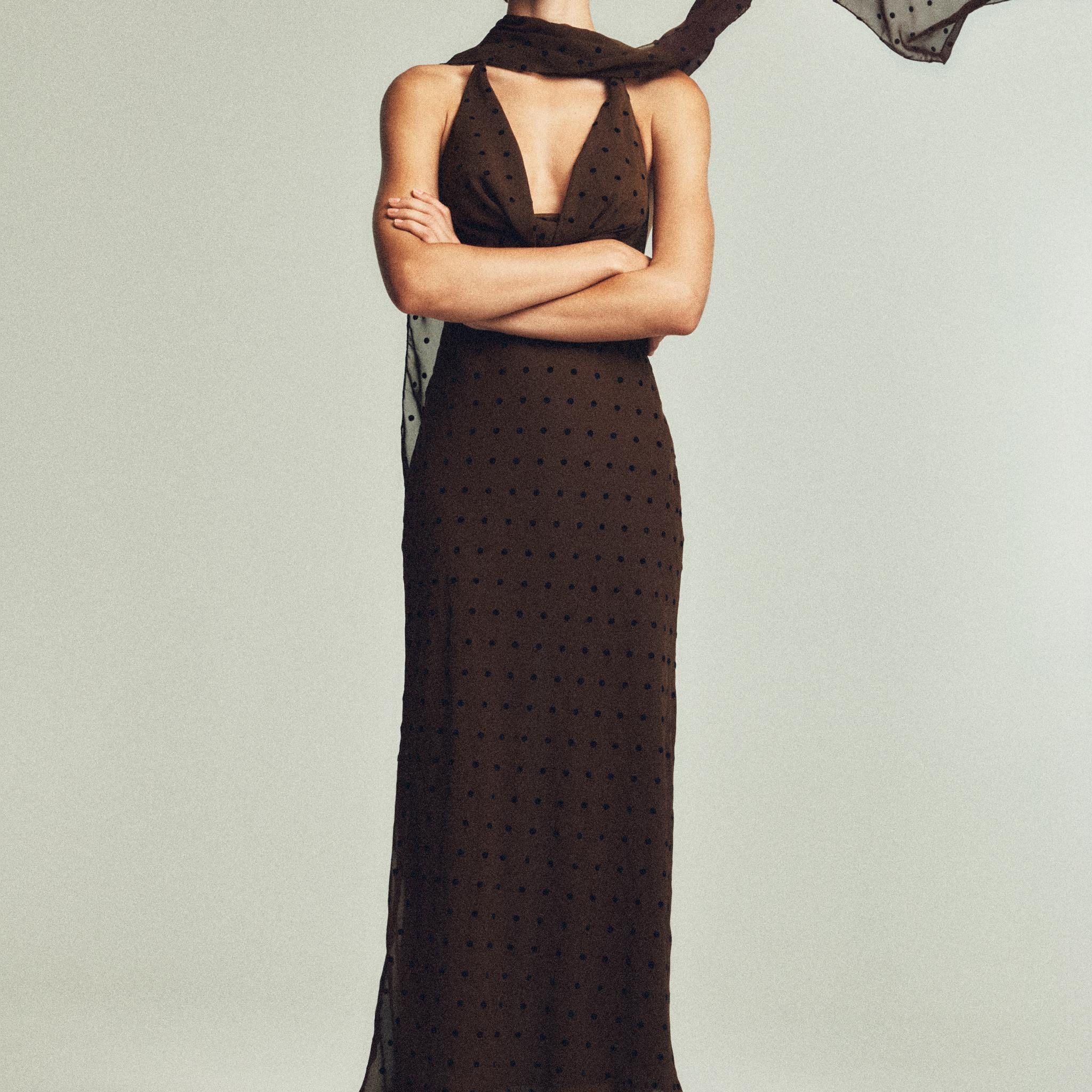 Brown Polka Dot Halter Maxi Dress with Scarf Detail