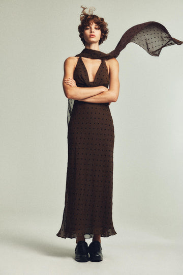 Brown Polka Dot Halter Maxi Dress with Scarf Detail