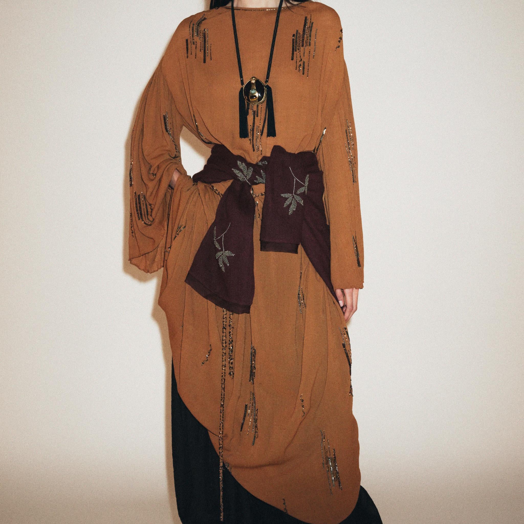 Brown Embellished Kimono - Style Maxi Dress