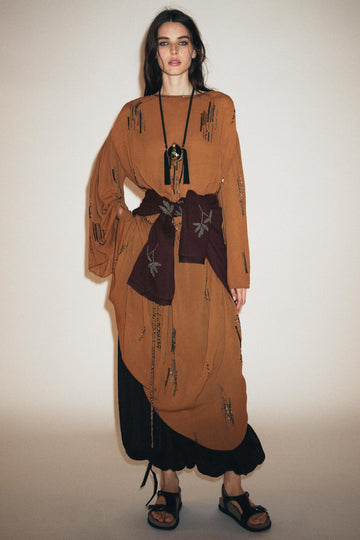 Brown Embellished Kimono - Style Maxi Dress