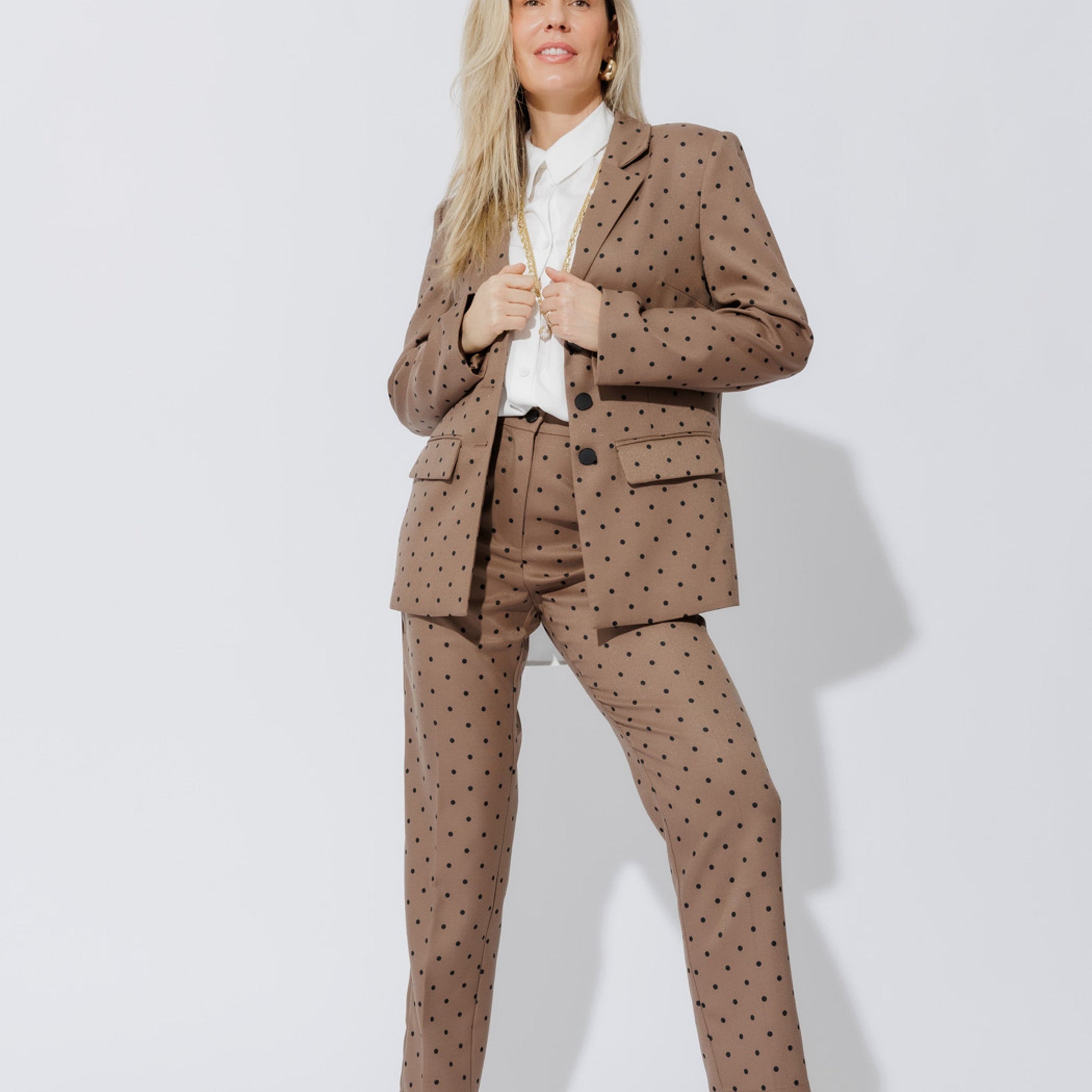 Brown Polka Dot Blazer and Pants Suit Set
