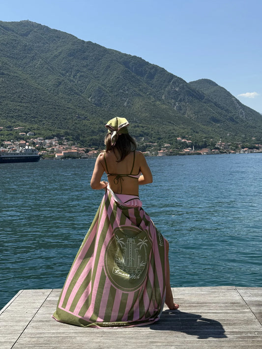 Pink & Green Striped Hotel Print Beach Towel