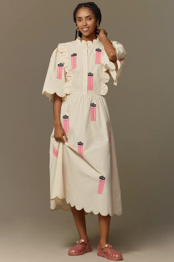 Cream Scalloped Edge Dress with Pink Patches