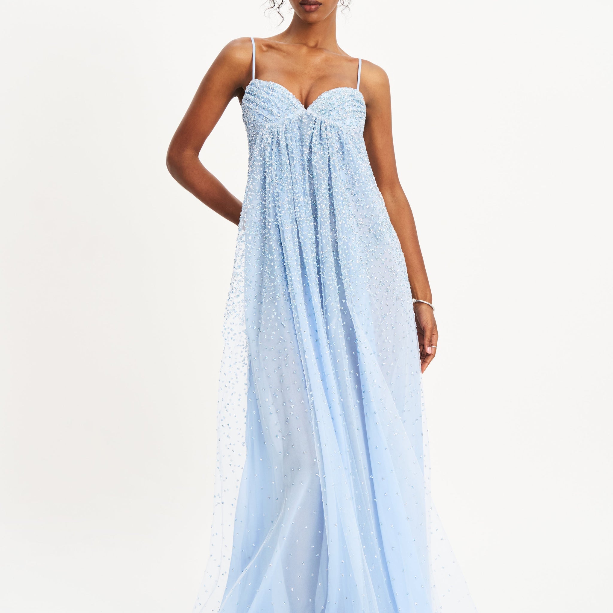 Light Blue Beaded Tulle Maxi Dress with Spaghetti Straps
