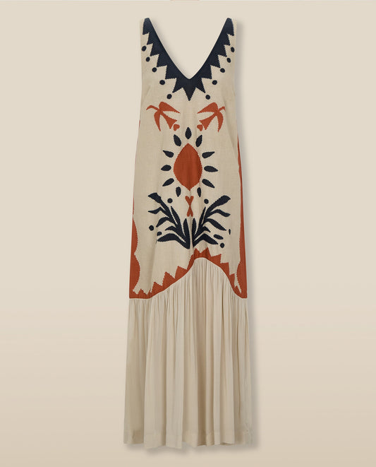 Linen V-neck maxi dress with ruffles