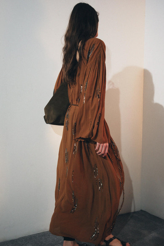 Brown Embellished Kimono - Style Maxi Dress
