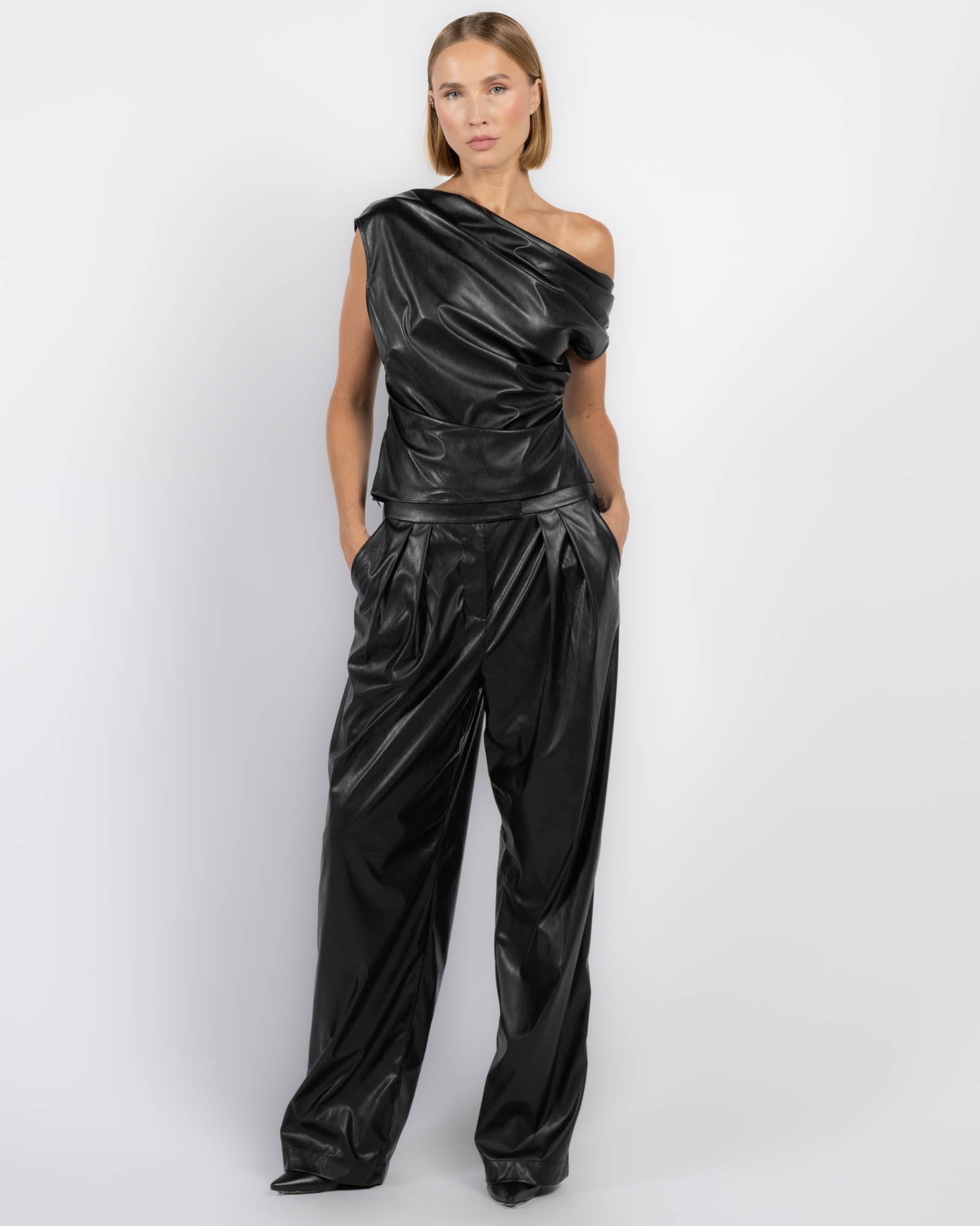 Black One - Shoulder Faux Leather Top & Wide - Leg Pants Set