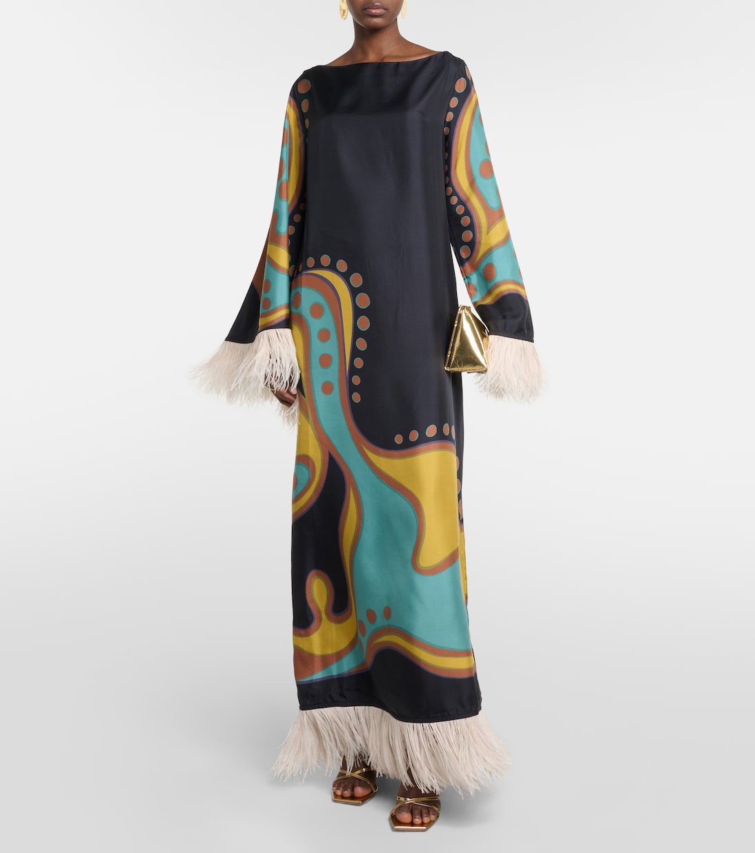 Black Silk Maxi Dress with Colorful Print and Feather Trim