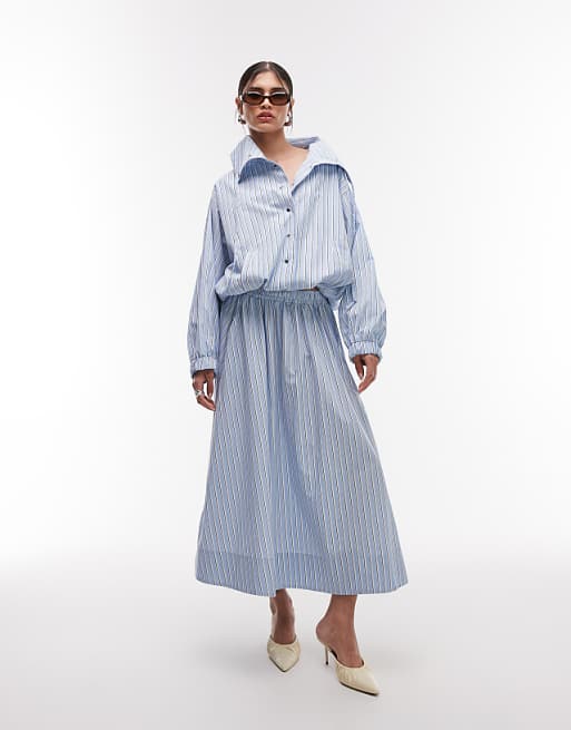Blue and White Striped Oversized Shirt & Maxi Skirt Set
