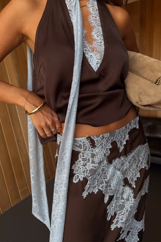 Chocolate Brown Maxi Dress with Light Blue Lace Detailing