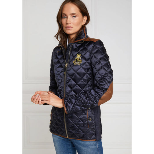 Navy Quilted Jacket with Emblem & Leather Trim