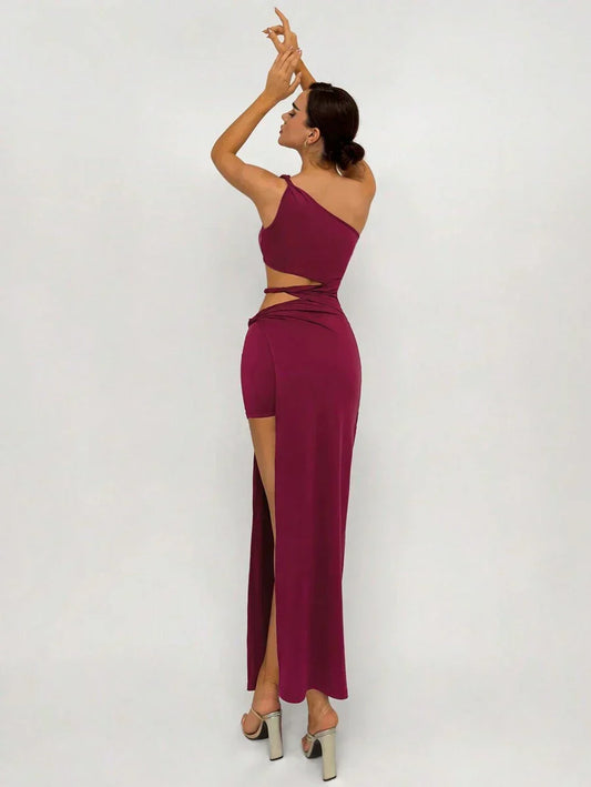 Burgundy One - Shoulder Cut - Out Maxi Dress