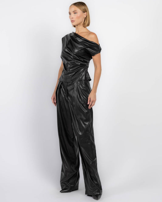Black One - Shoulder Faux Leather Top & Wide - Leg Pants Set
