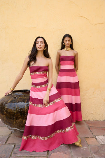 Pink & Red Striped Strapless Maxi Dress with Gold Trim