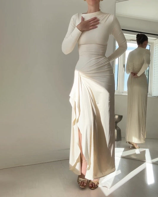 Ivory Ruched Asymmetric Maxi Dress